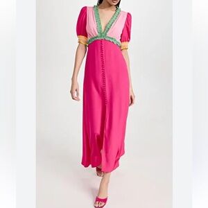 SALONI NWT SZ 0 The Flamingo, Pink and‎ Green Puff Sleeve midi dress